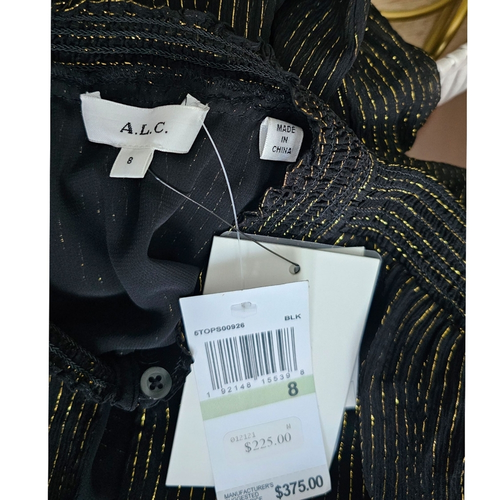 A.L.C Black Metallic Gold Allover Stripes, Mock Neck Long Sleeve Silk Blous Top - Picture 5 of 7